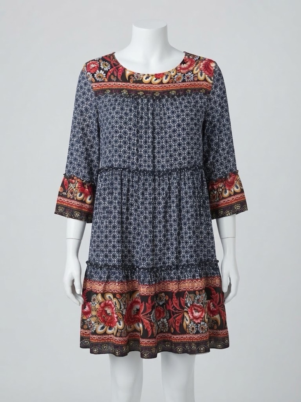 Suzanne Betro Bohemian Boho Floral Tiered Border Print Shift Dress